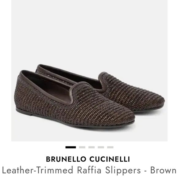 Brunello Cucinelli Shoes - Women's Brunello Cucinelli Brown Leather Trimmed Raffia Slippers, Size 37
